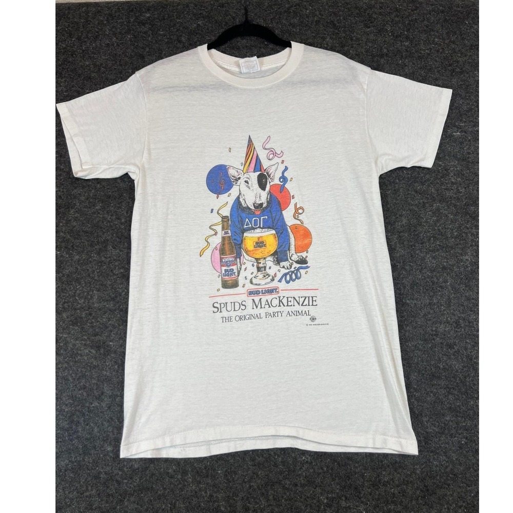 Vintage 1985 Spuds MacKenzie Bud Light Graphic T Shirt M White 80s Party Animal